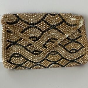 Vintage Beaded Envelope Clutch Pearl Black Art Deco Wave Pattern (As Is)